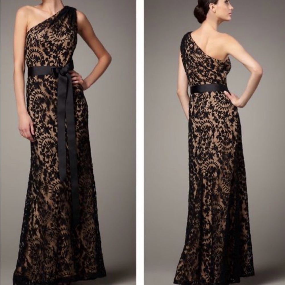 Tadashi Shoji Black and Tan One Shoulder Dress